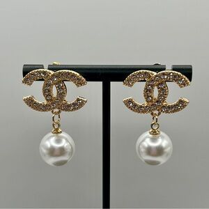 Gold Clear Rhinestone and Pearl Earrings